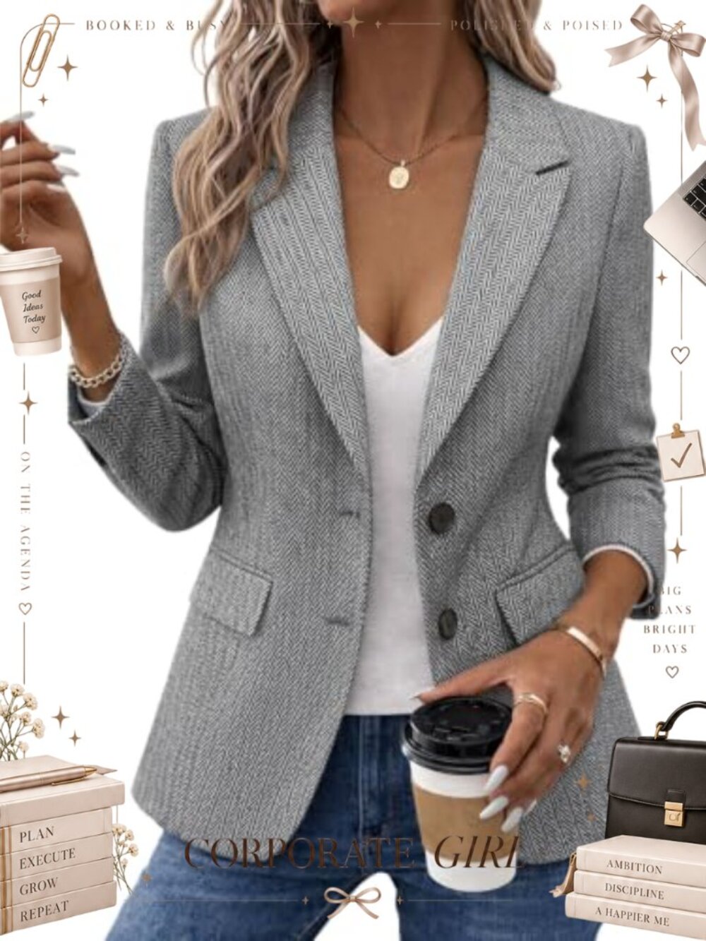 Herringbone Blazer Notched Lapel Open Front Business Casual with Pockets